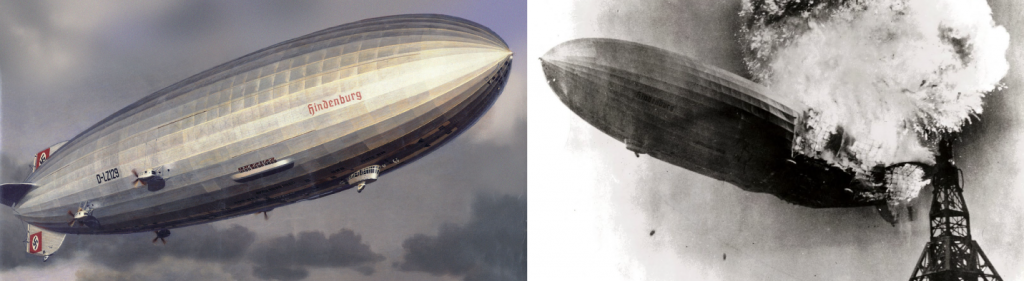 The German airship Hindenburg (left) was one of the largest airships ever built. However, it was filled with hydrogen gas and exploded in Lakehurst, New Jersey, at the end of a transatlantic voyage in May 1937 (right). Source: “Hindenburg” by James Vaughan is licensed under the Creative Commons Attribution-NonCommercial-ShareAlike 2.0 Generic. “Hindenburg burning” by Gus Pasquerella is in the public domain.