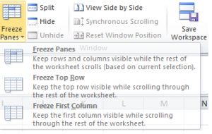 Freeze Pane open to Freeze Panes, Freeze Top Row, or Freeze First Column options.