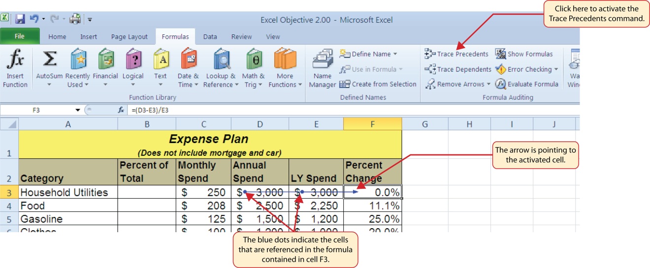 Formula tab open to activate Trace Precedents and two blue dots on an arrow point out cells referenced in formula of activated cell.