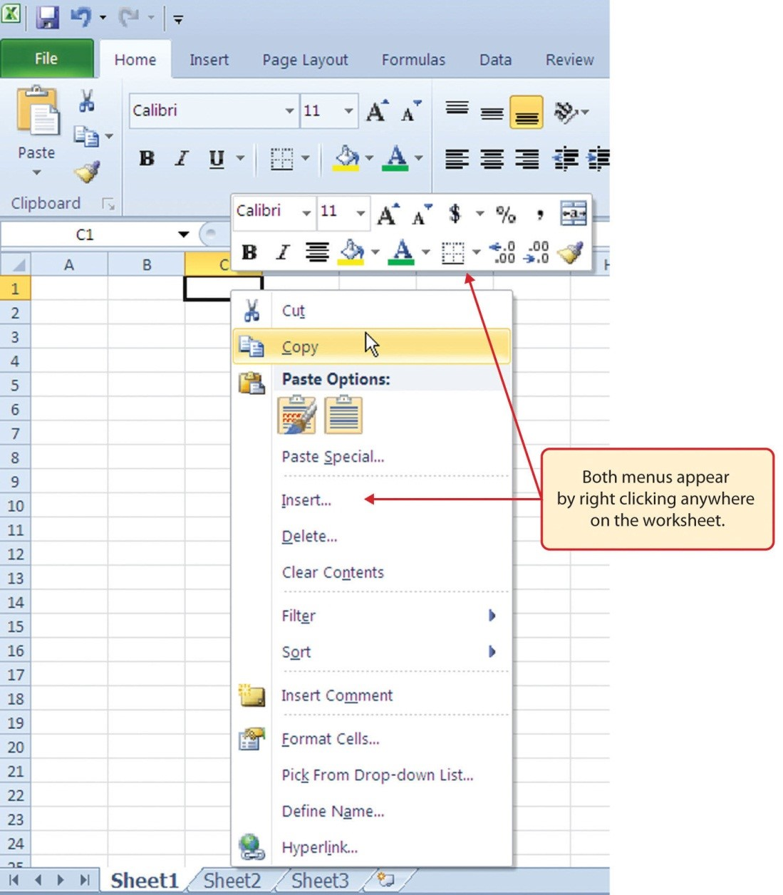 Right click commands: font formatting, cut, copy, paste, insert, delete, clear, filter, sort, insert comment, cell formatting, define name and hyperlink.