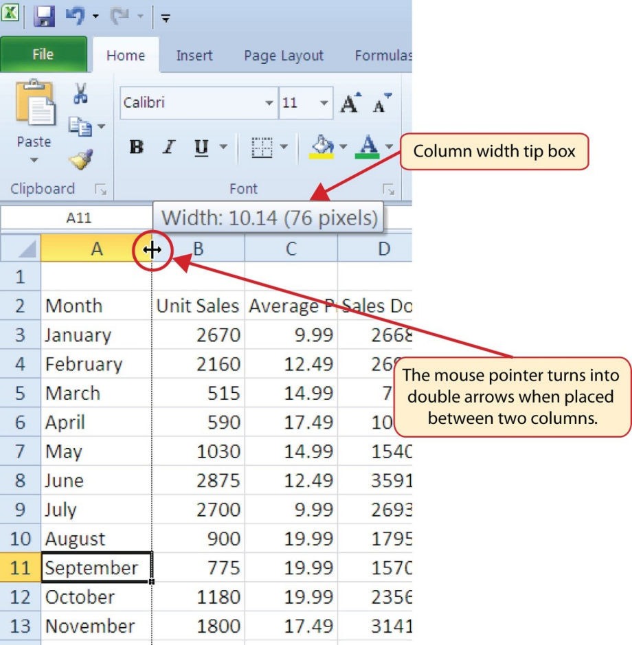 Column A and Column B with double arrows on column border between them. Column width tip box indicates width of column, wide enough now to show whole word "September".