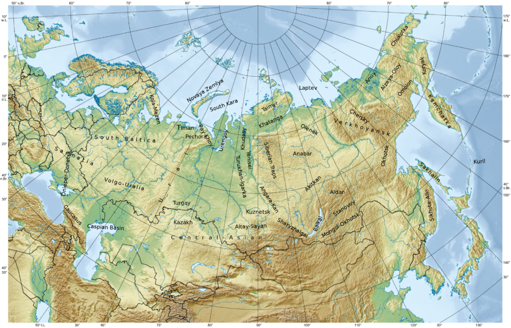 Map of the physical geography of Russia