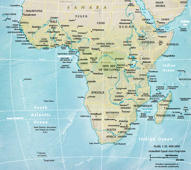 Map of Sub-Saharan African physical geography, countries, and capital cities