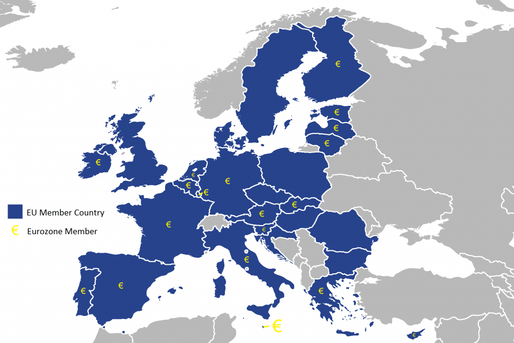 Map of Europe displaying European Union members and members of the eurozone