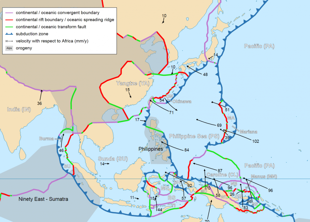 Map of tectonic plate boundaries in East and Southeast Asia, their direction of movement, and velocity