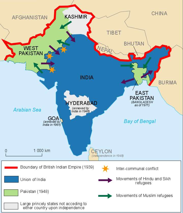 Map of the partition and subsequent migration across British India