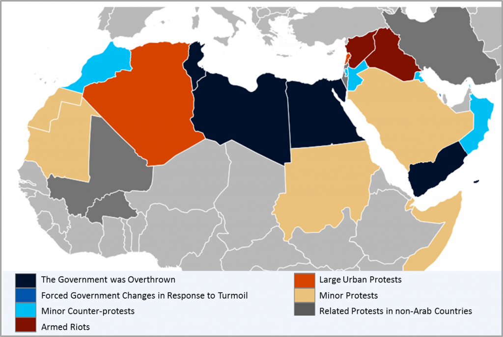 Map of the countries involved in the Arab Spring and the status of their government or political conflict