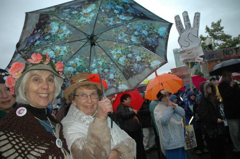 Older women holding umbrellas at a rally.