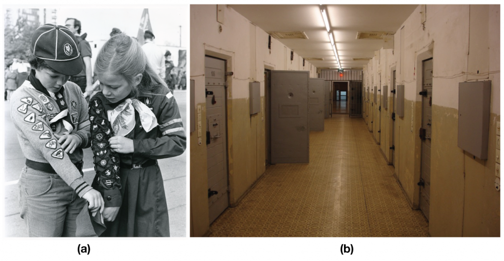 Figure (A) shows two girl guides; Figure (b) shows the hallway of a correctional facility.