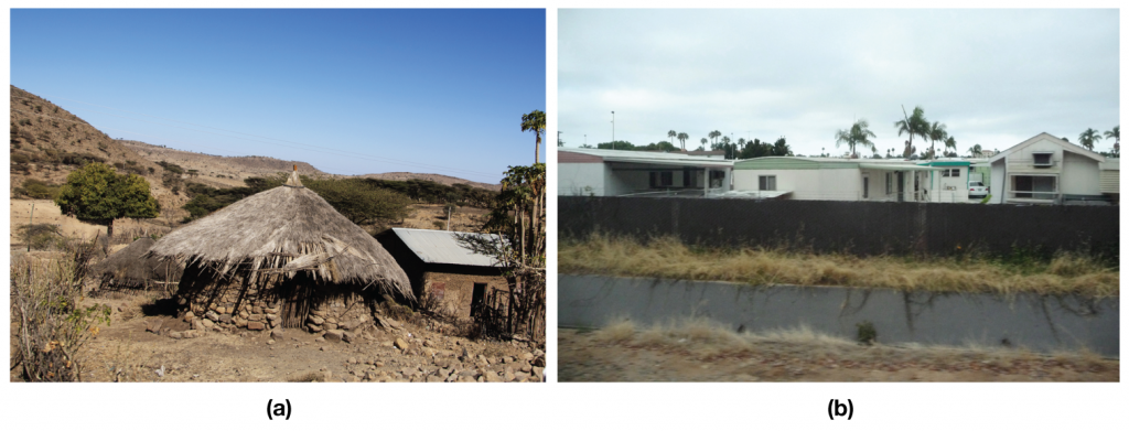 Figure (a) shows a grass hut; Figure (b) is of a mobile home park.
