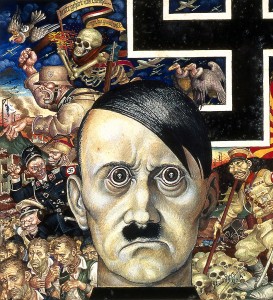 A painting of Adolf Hitler and a swastika with images of violence, anger, and death.