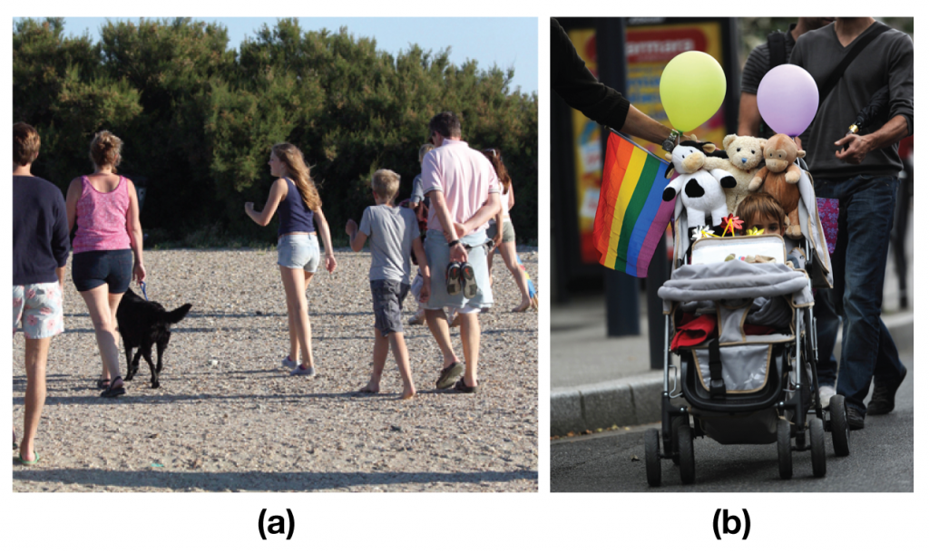Photo (A) a man and women with children; Photo (B) two men pushing a child in a stroller..