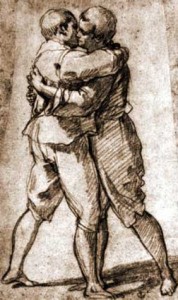 A drawing of two men kissing