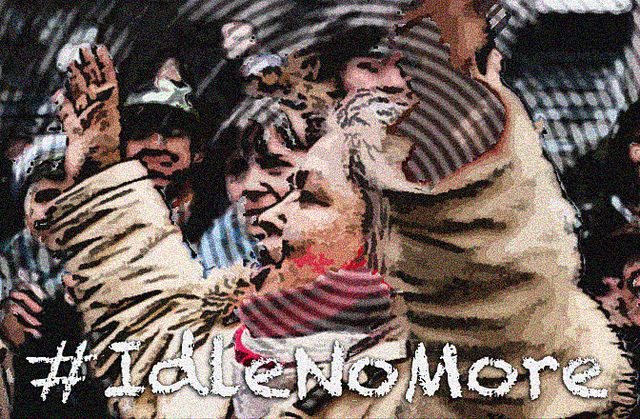 A picture of a woman with her hands up yelling with the hashtag "idle no more"