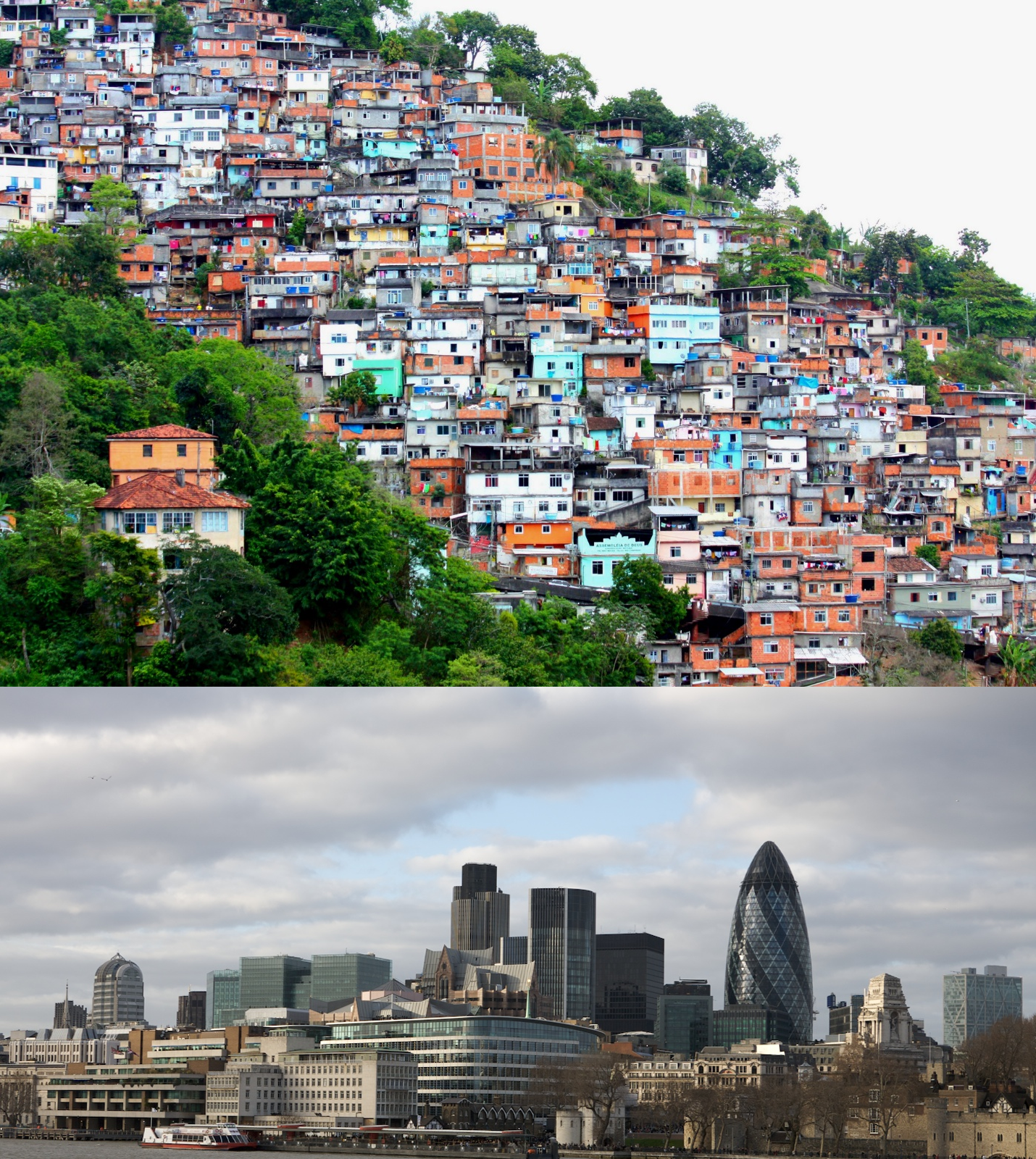 Small houses built closely together in Rio de Janeiro and high rise buildings in London