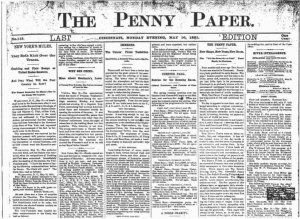The image depicts the front page of the Cincinnati Penny Paper from Monday, May 16, 1881. It features six vertical columns of text and is titled simply The Penny Paper. This demonstrates early newspaper design, which is all text cramming as much information as possible in a relatively small page as penny papers were typically smaller than other newspapers at the time.