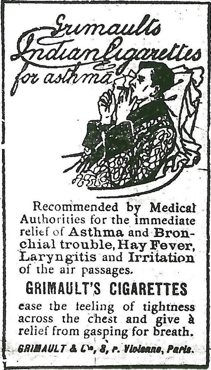 An old poster for Grimault's Indian Cigarettes for asthma