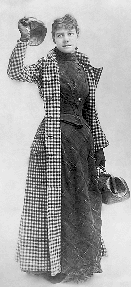 A black and white picture of Nellie Bly standing.