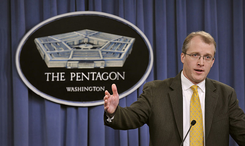 Pentagon Press Secretary George E. Little briefing the media in the Pentagon Press Briefing Room