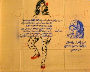 The image depicts one woman from head to toe. Her torso is covered in Arabic text. She is wearing red shoes and her hair is uncovered. Another woman is depicted head and shoulders only. Her hair is covered. The text is not legible, but it suggests there are women of different cultural backgrounds involved in Egypt's revolution for different purposes.