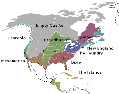 North American map broken into the nine nations 