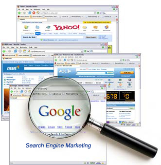 A screenshot of Google, Yahoo, AOL and MSN homepages with their Logo as the main focus.