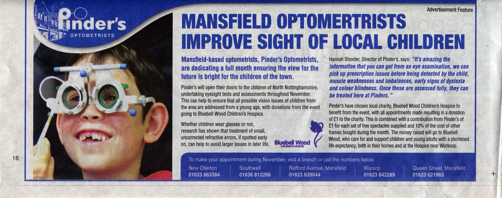Advertising features, a Pinder's Optometrists Ad