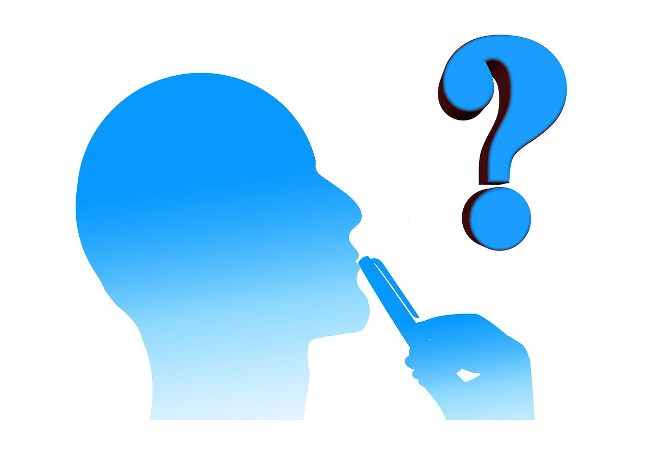 A silhouette of a man with a phone rested on his lips and a question mark in the air