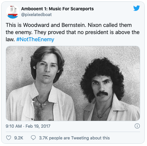 A tweet by @pixelatedboat featuring a photo of two men that reads, “This is Woodward and Bernstein. Nixon called them the enemy. They proved that no president is above the law. #NotTheEnemy.”
