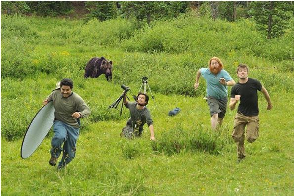 A photograph depicting a group of photographers running from a bear.