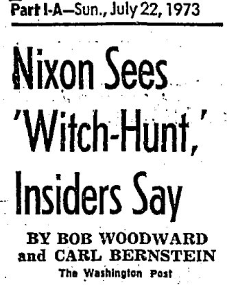 Newspaper article saying "Nixon Sees Witch-hunt"