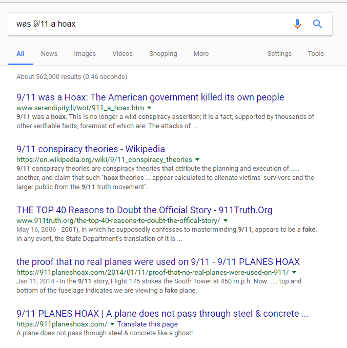 Google search results for “was 9/11 a hoax” in which the top five sites confirm the conspiracy that 9/11 was faked.