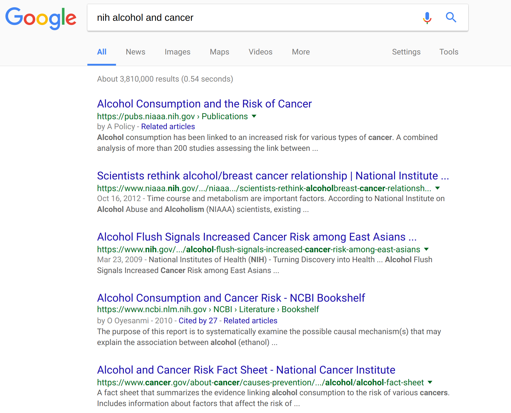 The Google search result for “nih alcohol and cancer.” The fifth result from the NIH is described as “A fact sheet that summarizes the evidence linking alcohol consumption to the risk of various cancers…”