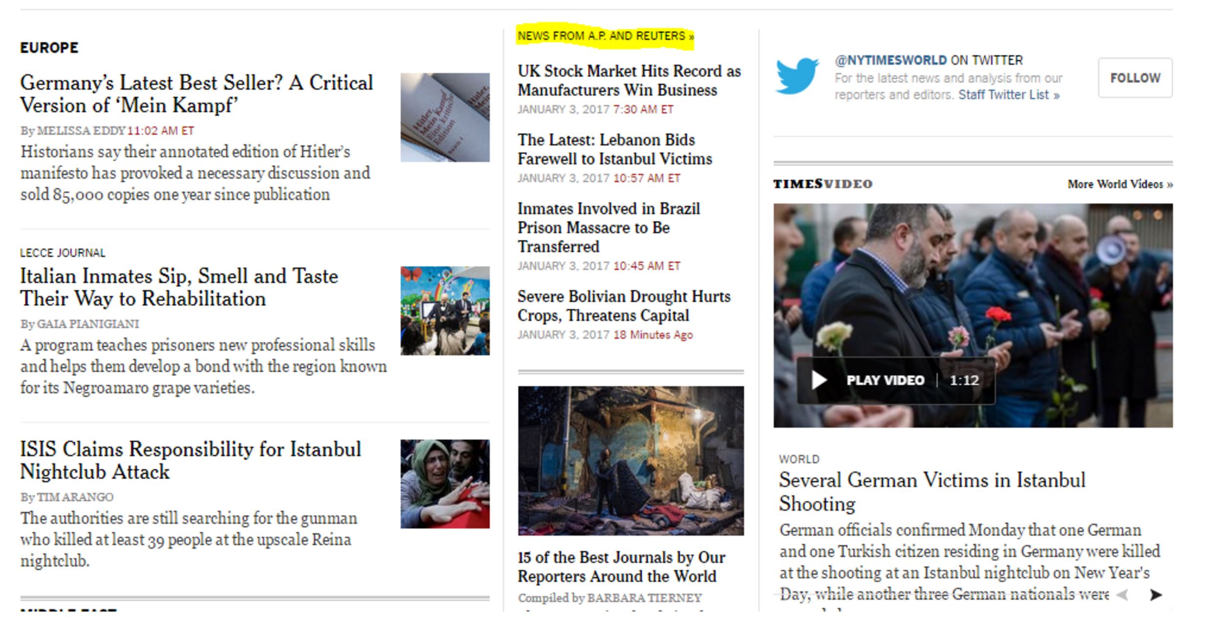 A screenshot of a New York Times webpage with many items on it. In the middle column of items, small text reading “News from AP and Reuters” tops the column.