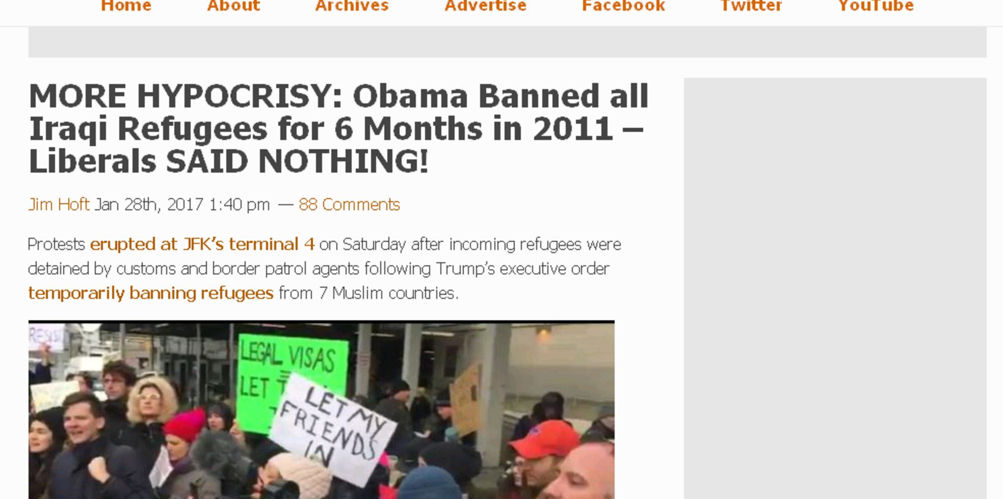 A story with the headline “MORE HYPOCRISY: Obama banned all Iraqi Refugees for 6 Months in 2011– Liberals said nothing!” over a picture of protests against President Trump’s ban.