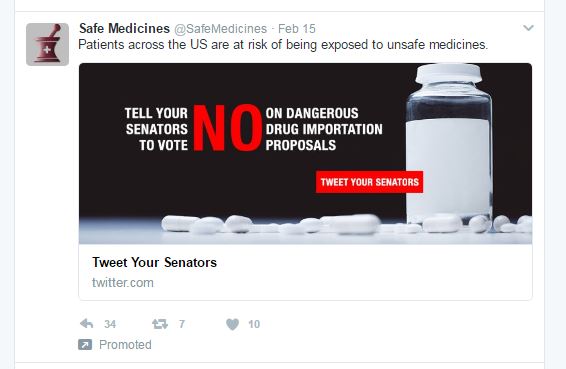 Promoted tweet from user @SafeMedicine urging us to tweet our senators against our exposure to unsafe medicine. We can tell it’s promoted by the gray text that reads “Promoted” below the “reply,” “retweet,” and “like” functions.