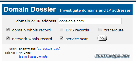 Domain Dossier search bar with “coca-cola.com” typed in and a list of databases it searches with boxes next to them you click to include results from.