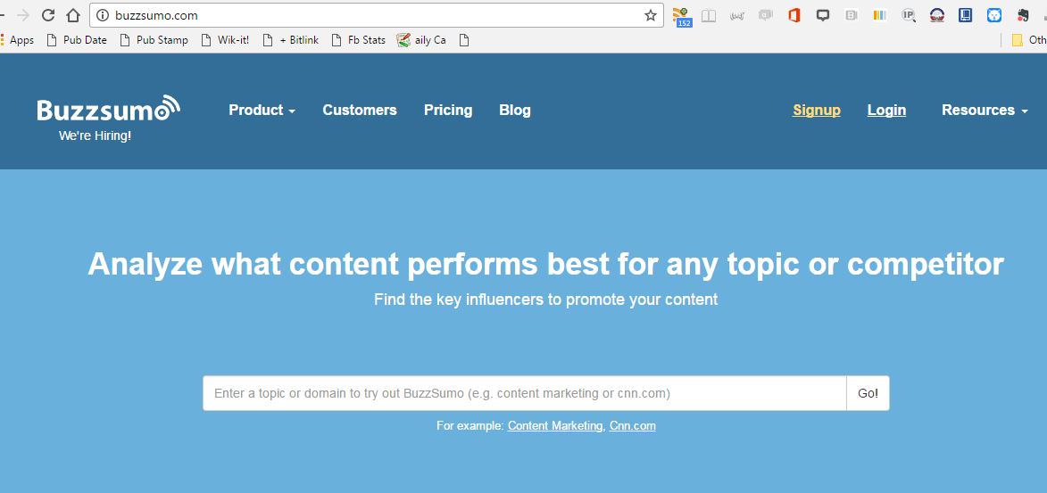 Homepage of Buzzsumo, which features a search bar on its main page.
