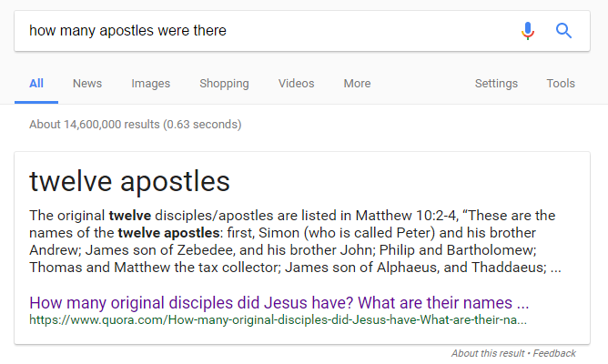 Google search result for “how many apostles were there” in which a knowledge panel replies “12 apostles” via Quora.
