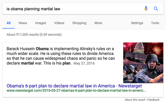 Google search result for “is obama planning martial law” in which a knowledge panel pulls a quote from newstarget.com claiming that Obama is in fact planning martial law.