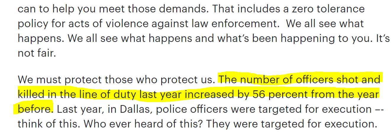 A segment of a President Trump speech that reads, “We must protect those who protect us. The number of officers shot and killed in the line of duty last year increased by 56 percent from the year before.”