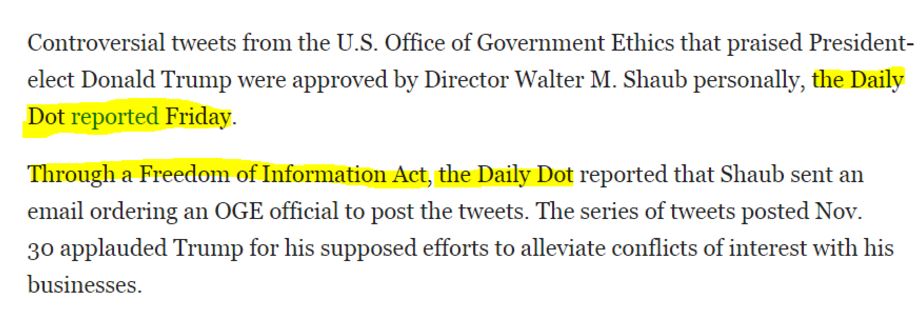 Text from the article with sentences mentioning the Daily Dot highlighted. If you read carefully, the Daily Dot (another publication) is the source of each fact (e.g. “the Daily Dot reported that Shaub sent an email” etc.).