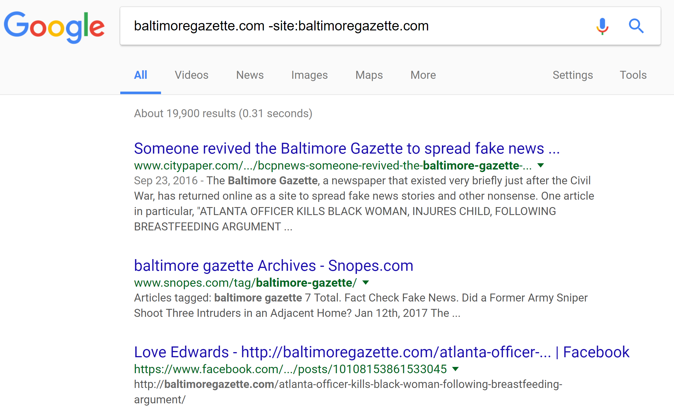 A Google search tip demonstrating how to exclude a specific site from search results. The string used in the example is "baltimoregazette.com -site:baltimoregazette.com". This would search all sites except for "baltimoregazette.com."