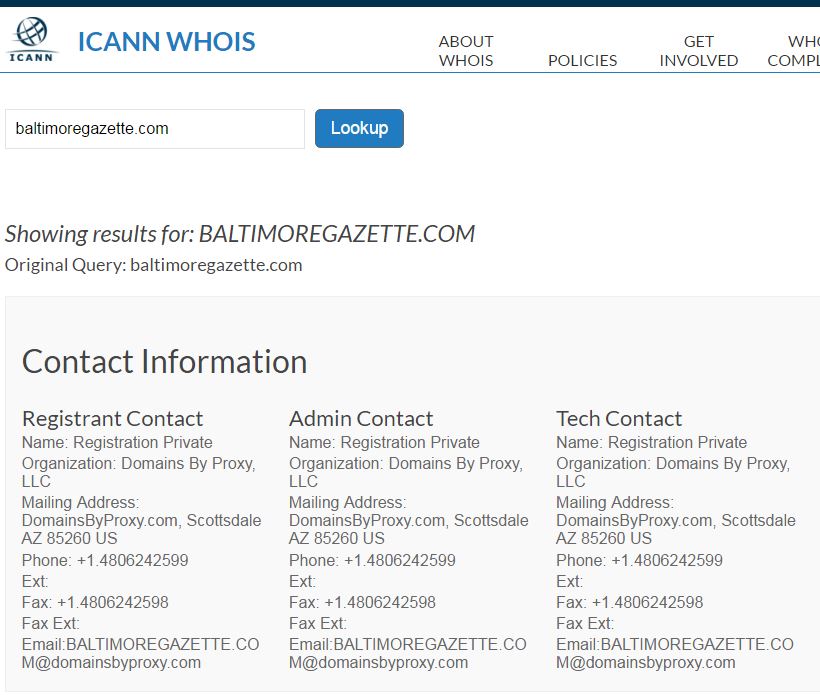 WHOIS search result on the ICANN interface for “baltimoregazette.com”. The website’s owner is listed as Domains by Proxy.