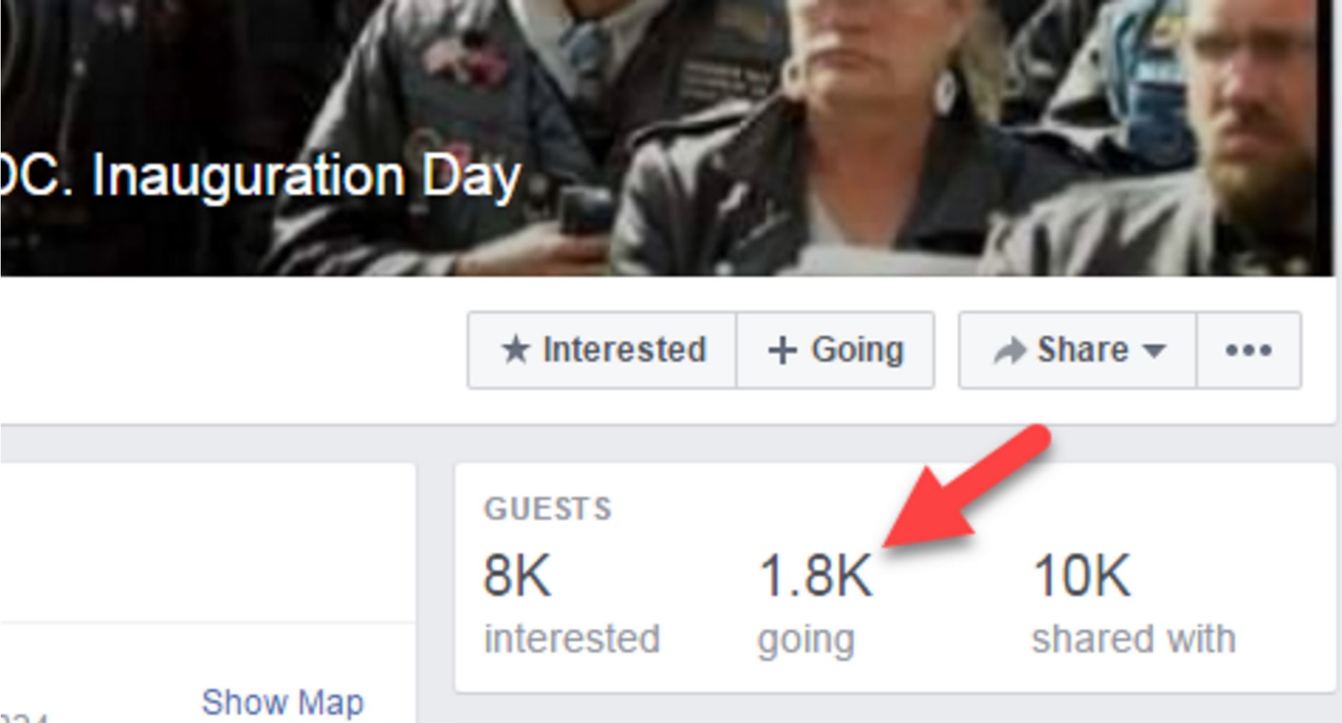 Facebook page showing only 1,800 have indicated that they are going to the biker event. In addition, only 8,000 are interested, and the page has only been shared with 10,000 people total.