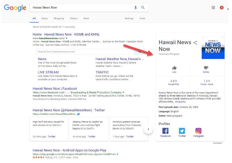 The Google results from searching “Hawaii News Now.”
