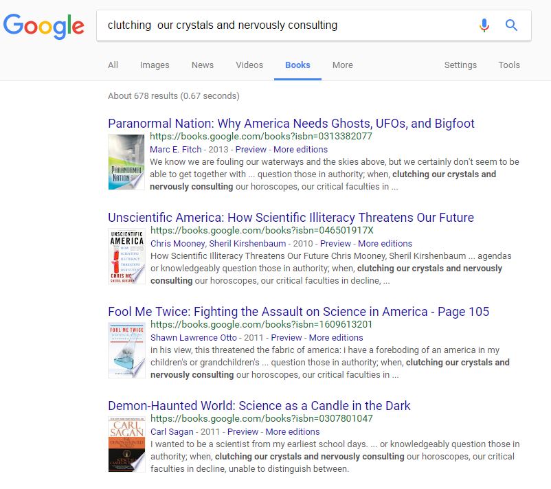 The top Google Books search results for “clutching our crystals and nervously consulting.”