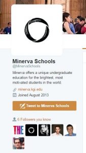 The Twitter bio of user @MinervaSchools reading, “Minerva offers a unique undergraduate education for the brightest, most motivated students in the world.”