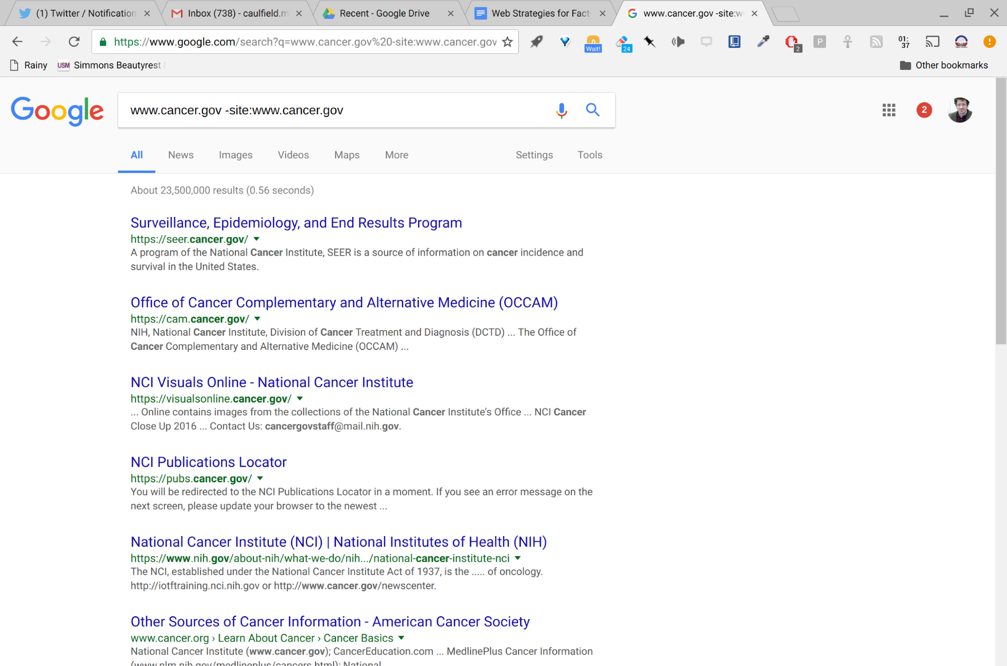 The Google search result for “www.cancer.gov -site:www.cancer.gov.” This search includes all sites other than www.cancer.gov. We see that five results down, the National Health Institute, an organization we trust, is talking about the National Cancer Institute.
