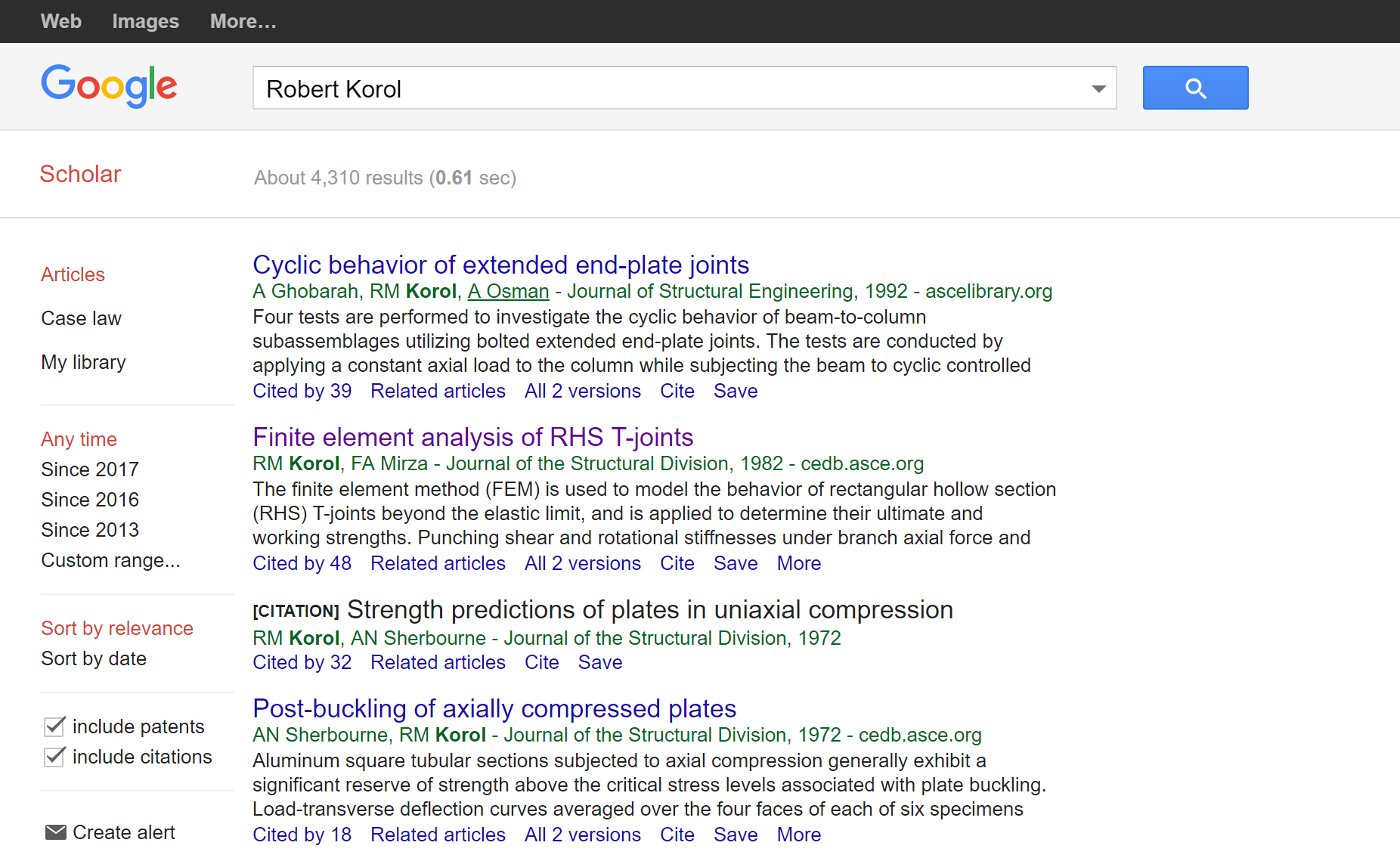 The Google Scholar search results for “Robert Korol,” who appears to have published architectural research in the 1970s, 80s, and 90s.